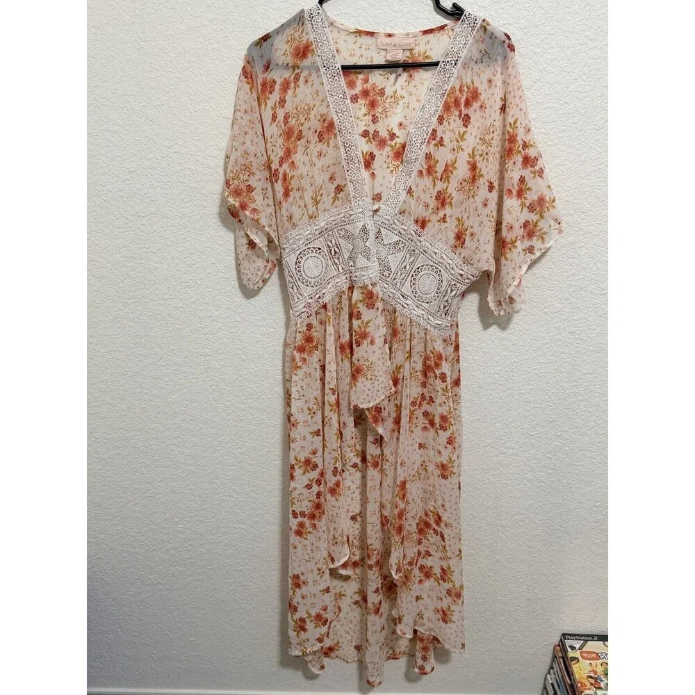 Toby and Olive Floral High Low Maxi Boho Cottage Core Sheer dress L